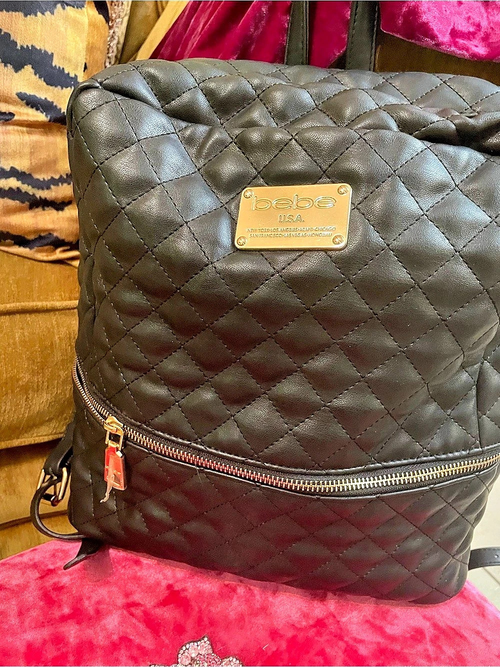 bebe Quilted Black Backpack with Gold Plaque